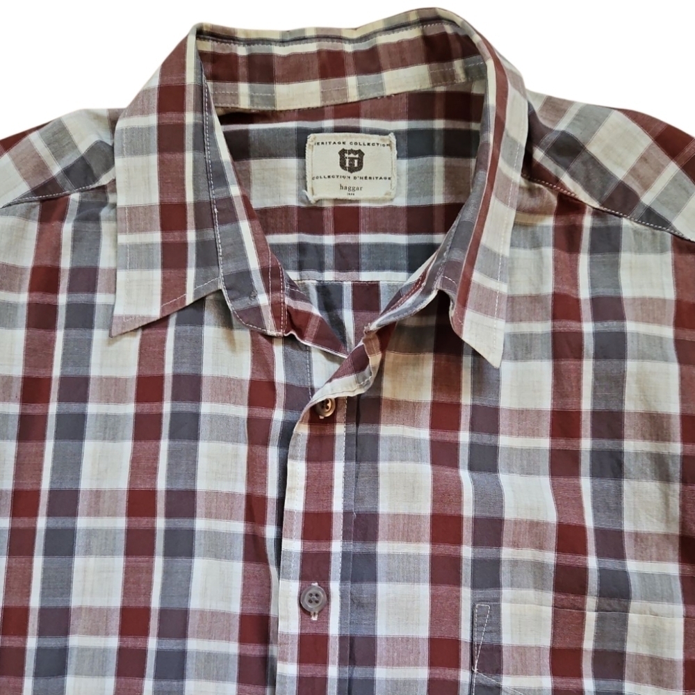 Haggar Plaid Short Sleeve Button Down Shirt Burgundy, Grey, Cream, Sz L